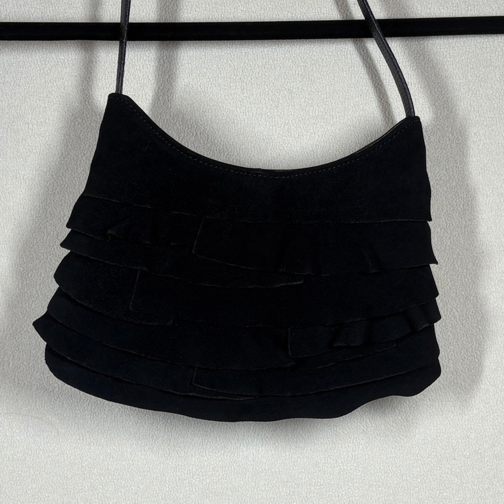 Coldwater Creek Y2K Boho Black Suede Ruffle Tiered Shoulder Bag Small Handbag - Picture 2 of 10
